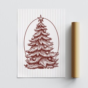 May include: A sepia-toned print of a Christmas tree with a star on top, inside an oval frame. The tree is decorated with small ornaments. The print is on a white background with vertical lines. A rolled-up poster is to the right.