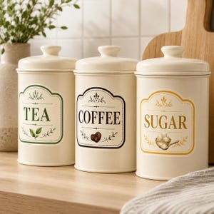 May include: Three cream-colored cylindrical metal canisters with matching lids. Each canister features a decorative label with text and illustrations: one labeled TEA with green accents, one labeled COFFEE with brown accents, and one labeled SUGAR with gold accents.