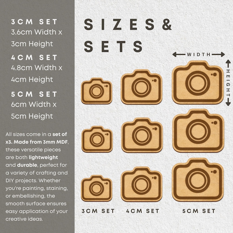 MDF Camera Shape Craft Blanks – Photography-Themed DIY Cutouts, Laser Cut Wood Pieces for Painting, Scrapbooking & Crafts (Set of 3) image 3
