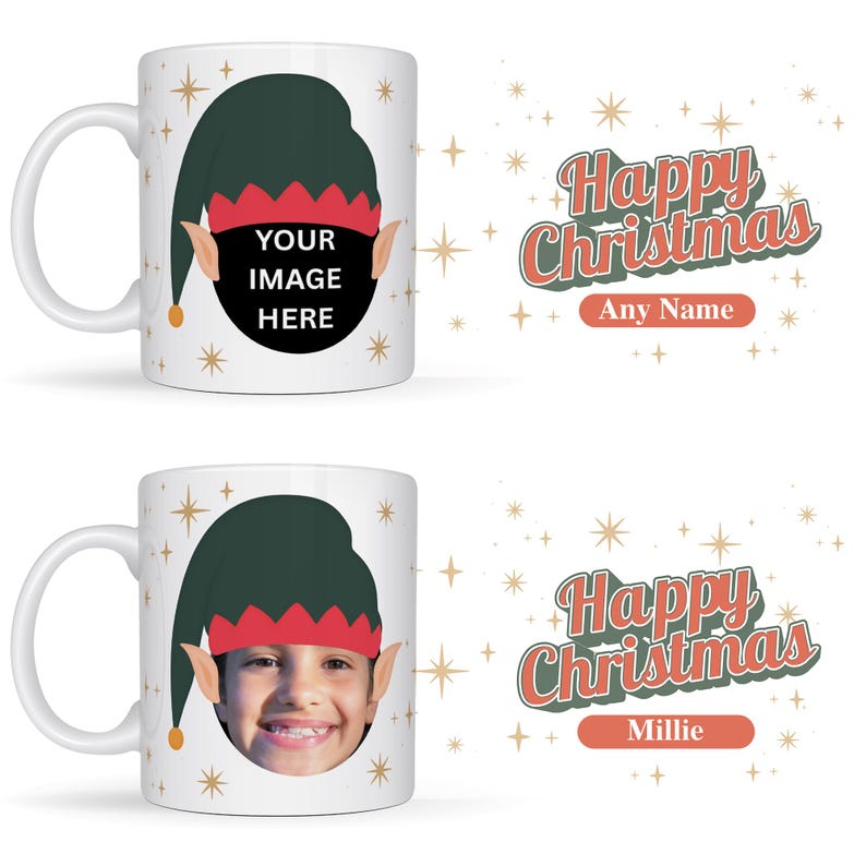 May include: White ceramic mug with an elf design, green hat, red trim, and pointed ears. The mug has the text "Happy Christmas" and space for a name. A second mug shows a child's face.