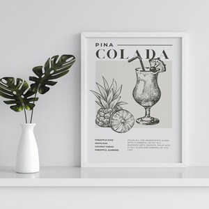 May include: A printable poster with a black and white illustration of a Pina Colada cocktail with a pineapple garnish. The poster includes the text "PINA COLADA" and the ingredients and instructions for making the drink.