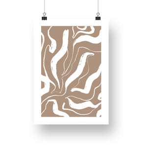 May include: Abstract art print with a brown background and white swirling lines.