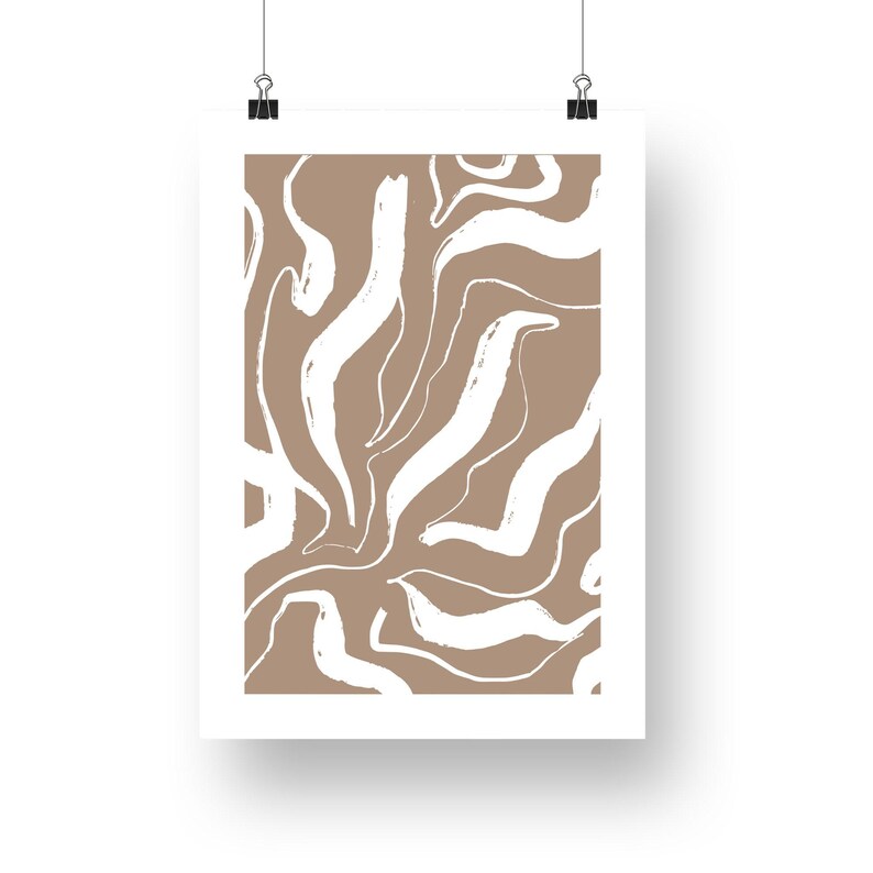 May include: Abstract art print with a brown background and white swirling lines.