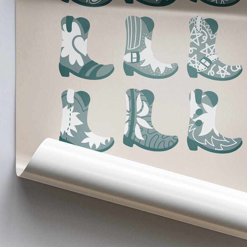 May include: A pattern of nine teal blue cowboy boots with white floral designs. The boots are arranged in three rows of three.