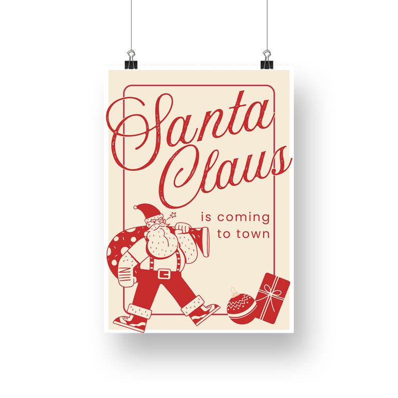 Puede incluir: Un p&oacute;ster navide&ntilde;o de estilo vintage con una ilustraci&oacute;n roja de Santa Claus llevando una bolsa de regalos y tocando una bocina. El texto dice "Santa Claus is coming to town".