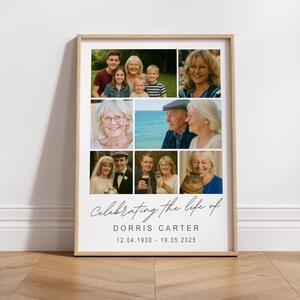 May include: A framed print featuring a collage of family photos. The print is titled "Celebrating the life of Dorris Carter" with dates 12.04.1930 - 19.05.2025. The frame is a light brown color and is displayed on a wooden floor.