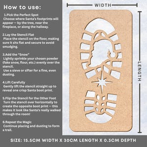 May include: A rectangular wooden stencil for creating Santa Claus footprints. The stencil features a boot print design with a silhouette of Santa Claus and a star. The dimensions are 15.5cm wide, 30cm long, and 0.3cm deep.