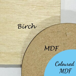 May include: Close-up of wood samples. One is a light-colored Birch wood, and the other is a brown MDF (Medium-density fiberboard) with the text "MDF". A section of blue-colored MDF is also visible, with the text "Coloured MDF".