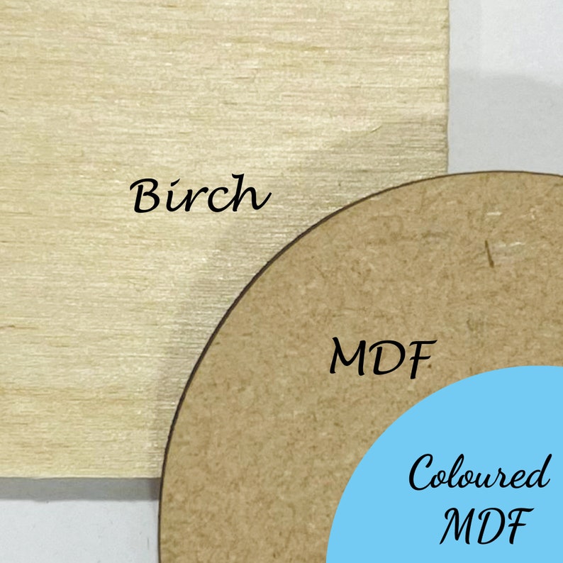 May include: Close-up of wood samples. One is a light-colored Birch wood, and the other is a brown MDF (Medium-density fiberboard) with the text "MDF". A section of blue-colored MDF is also visible, with the text "Coloured MDF".