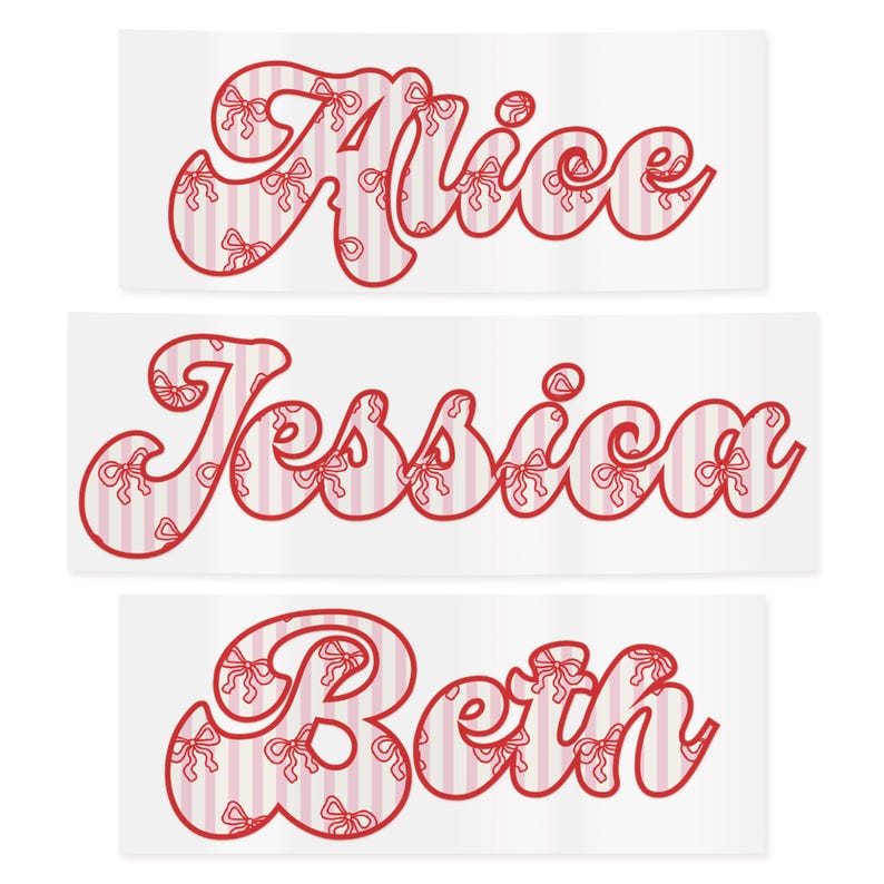 May include: Three rectangular stickers with names: "Alice", "Jessica", and "Beth". Each name is in a red, bubble-style font with a pattern of bows and stripes. The background is white.