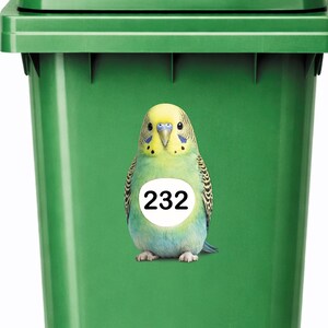 Personalised Wheelie Bin Sticker | Budgie House Number Decal | Waterproof Bird Outdoor Dustbin Label image 8