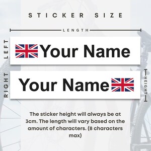 May include: Two rectangular stickers with the text "Your Name" in black. One sticker has a Union Jack flag on the left, the other on the right. The sticker height is 3cm, and the length varies based on the number of characters, with a maximum of 8.