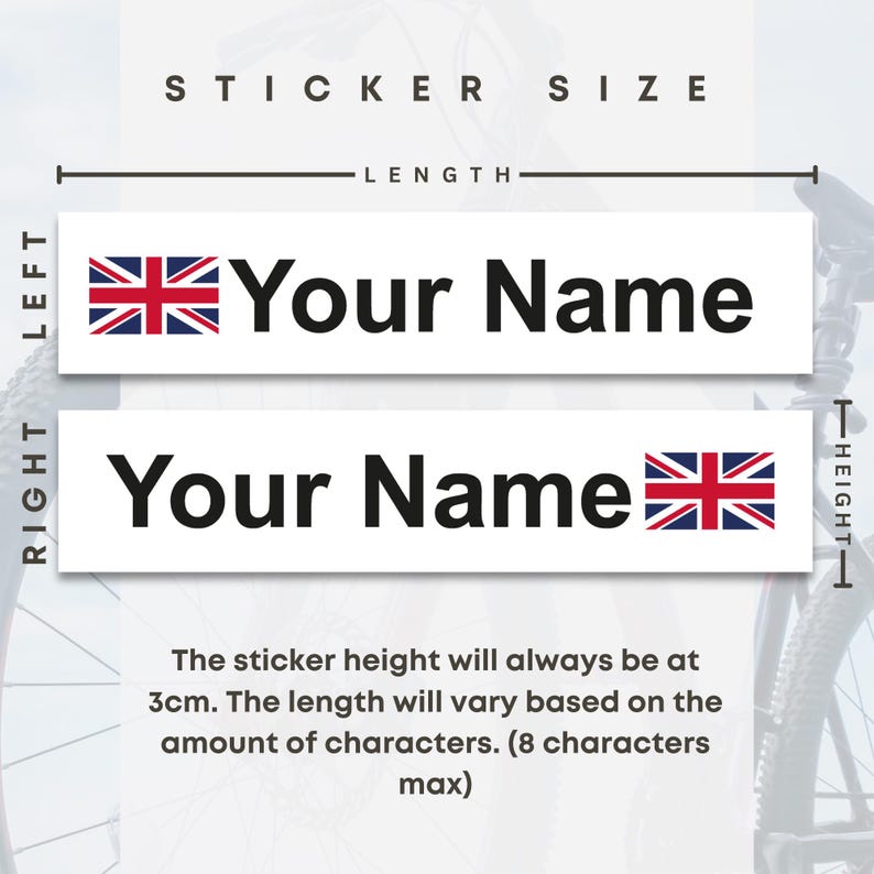 May include: Two rectangular stickers with the text "Your Name" in black. One sticker has a Union Jack flag on the left, the other on the right. The sticker height is 3cm, and the length varies based on the number of characters, with a maximum of 8.