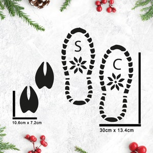 May include: Black and white stencil with two footprints, one labeled "S" and the other "C". The footprints are surrounded by a snowflake design. The stencil is 30 inches by 13.4 inches. There are also two smaller footprints, each measuring 10.6 inches by 7.2 inches.
