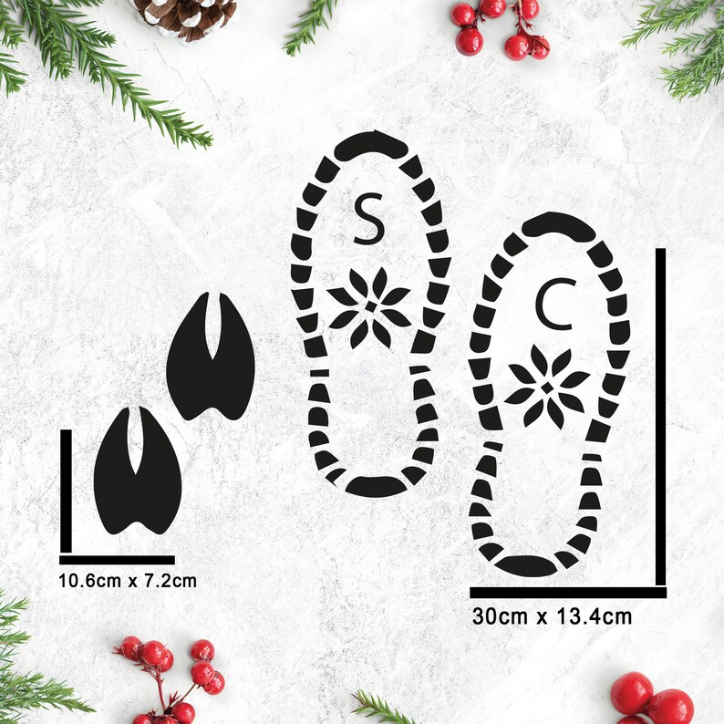 May include: Black and white stencil with two footprints, one labeled "S" and the other "C". The footprints are surrounded by a snowflake design. The stencil is 30 inches by 13.4 inches. There are also two smaller footprints, each measuring 10.6 inches by 7.2 inches.