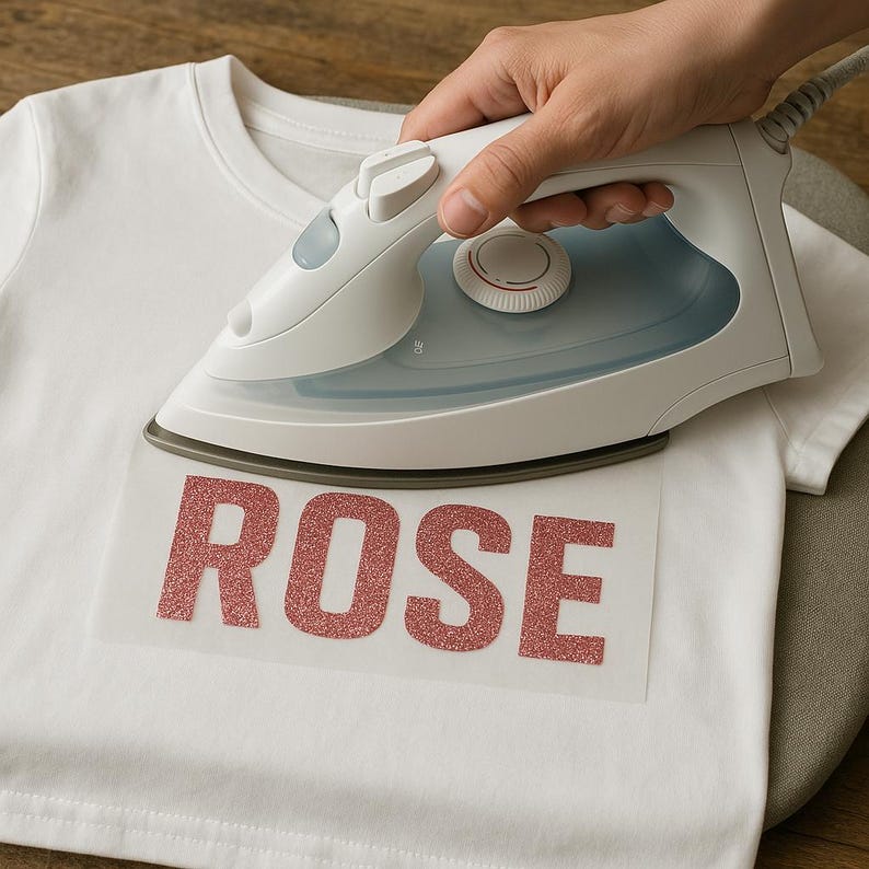 Puede incluir: Una camiseta blanca con el nombre "ROSE" en letras rojas brillantes que se est&aacute; planchando. Se utiliza una plancha blanca con un dep&oacute;sito de agua azul para aplicar el dise&ntilde;o. La camiseta est&aacute; sobre una tabla de planchar gris.