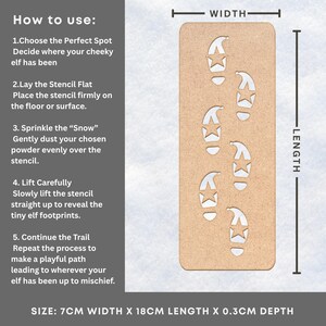 May include: A rectangular stencil with a series of elf footprints, each featuring a star. The stencil is made of light brown material and measures 7cm wide, 18cm long, and 0.3cm deep. Instructions on how to use the stencil are included.