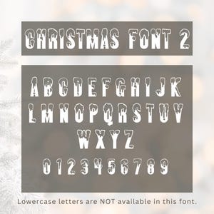 以下が含まれることがあります： 白いクリスマスフォント2のアルファベットと数字のセット。氷が滴るデザインです。AからZの大文字と0から9の数字がグレーの背景に表示されています。「小文字はこのフォントでは利用できません」というテキストも含まれています。