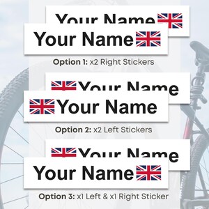 May include: White rectangular stickers with the text "Your Name" in black, featuring a Union Jack flag. The image shows three sticker options: two right stickers, two left stickers, or one of each.