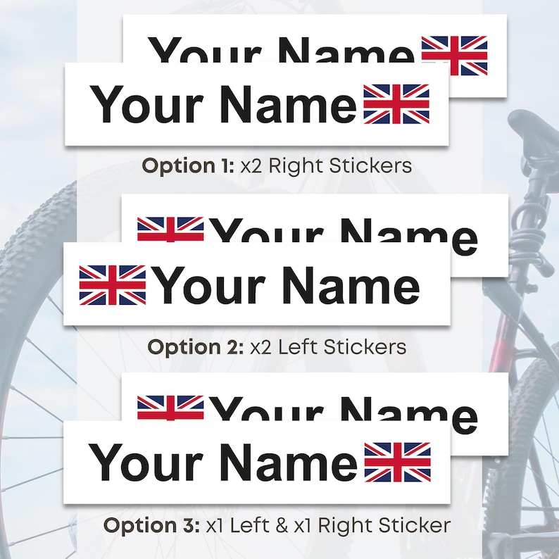 May include: White rectangular stickers with the text "Your Name" in black, featuring a Union Jack flag. The image shows three sticker options: two right stickers, two left stickers, or one of each.