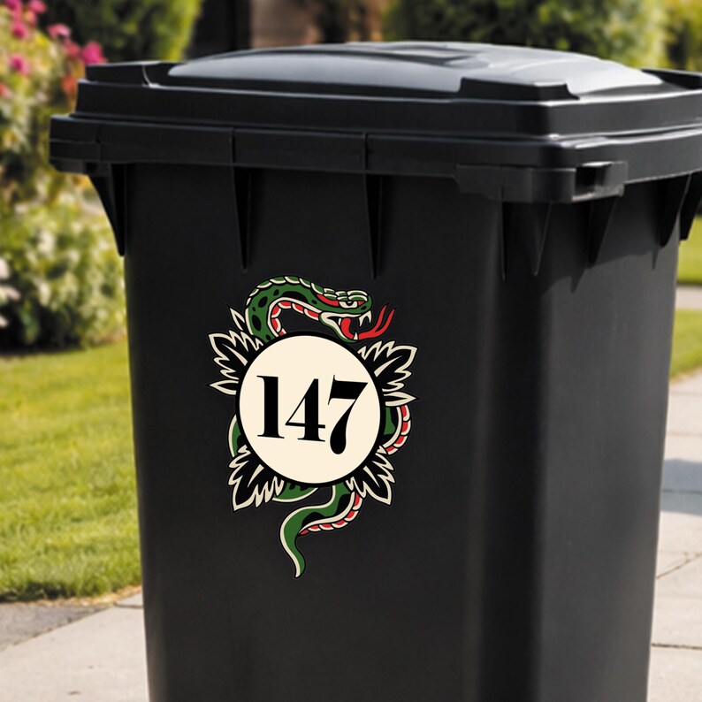 Traditional Tattoo Snake Bin Sticker | Personalised House Number Wheelie Bin Decal | Waterproof Tattoo Snake Bin Label | Alt Home Decor image 6