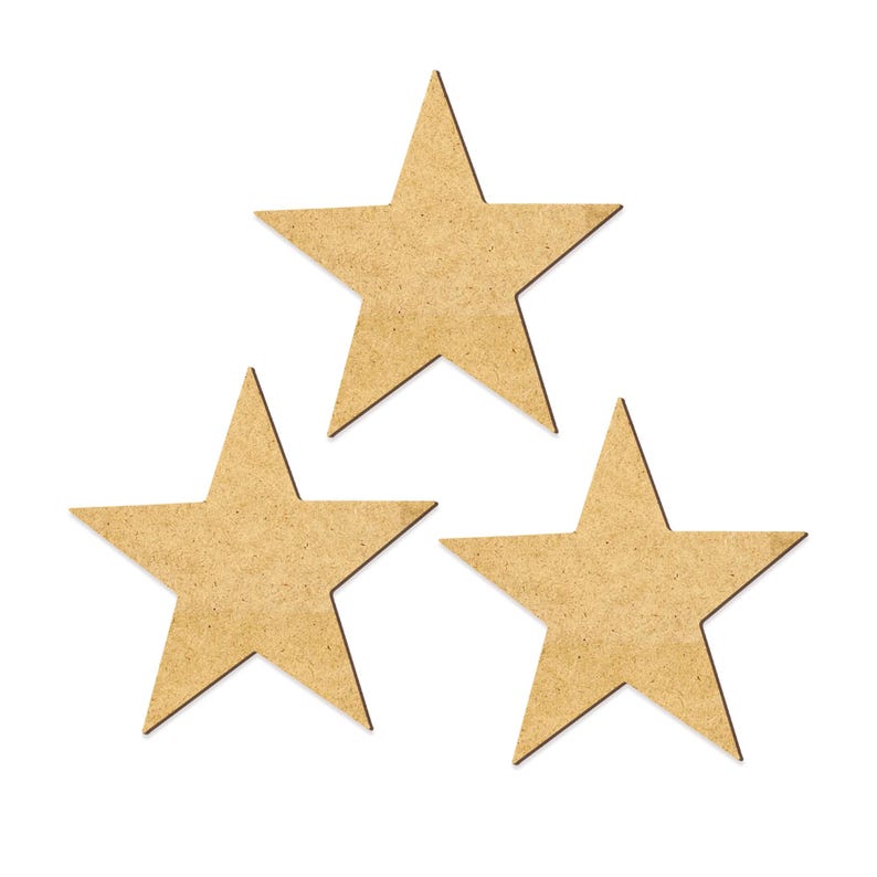 May include: Three brown cardboard stars, each with five points, are arranged in a triangular pattern on a white background.