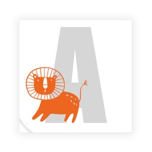 May include: Orange lion illustration with a gray letter A. The lion has a mane and a tail.