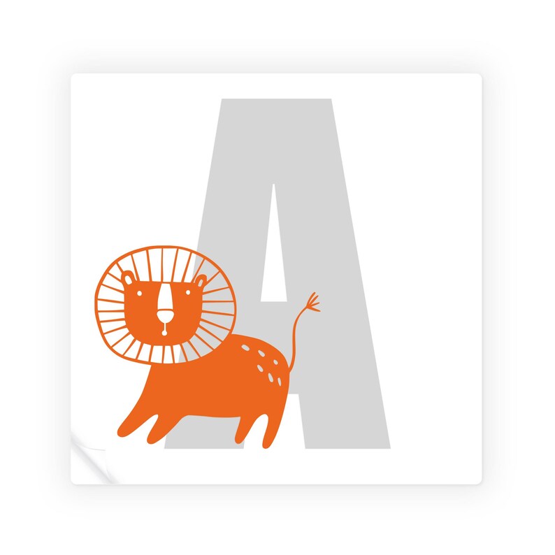 May include: Orange lion illustration with a gray letter A. The lion has a mane and a tail.
