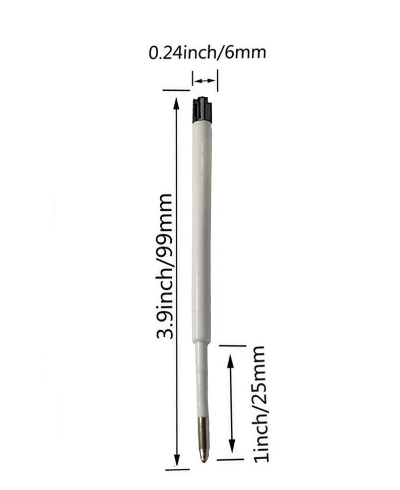 May include: A white pen with a black top and a silver tip. The pen is 3.9 inches (99 mm) long and 1 inch (25 mm) wide. The pen is 0.24 inches (6 mm) in diameter.