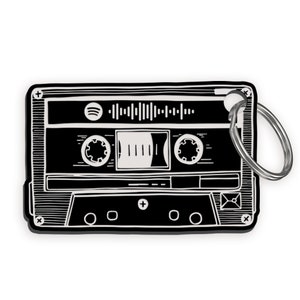 Pu&ograve; includere: Illustrazione in bianco e nero di un nastro cassette con un portachiavi. Il nastro ha un'etichetta bianca con un logo Spotify stilizzato e il testo "Spotify" su di essa.