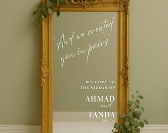 Personalised Nikkah Welcome Vinyl Sticker - ‘And We Created You In Pairs’ | Modern Script Islamic Wedding Decal | Custom Muslim Wedding Sign