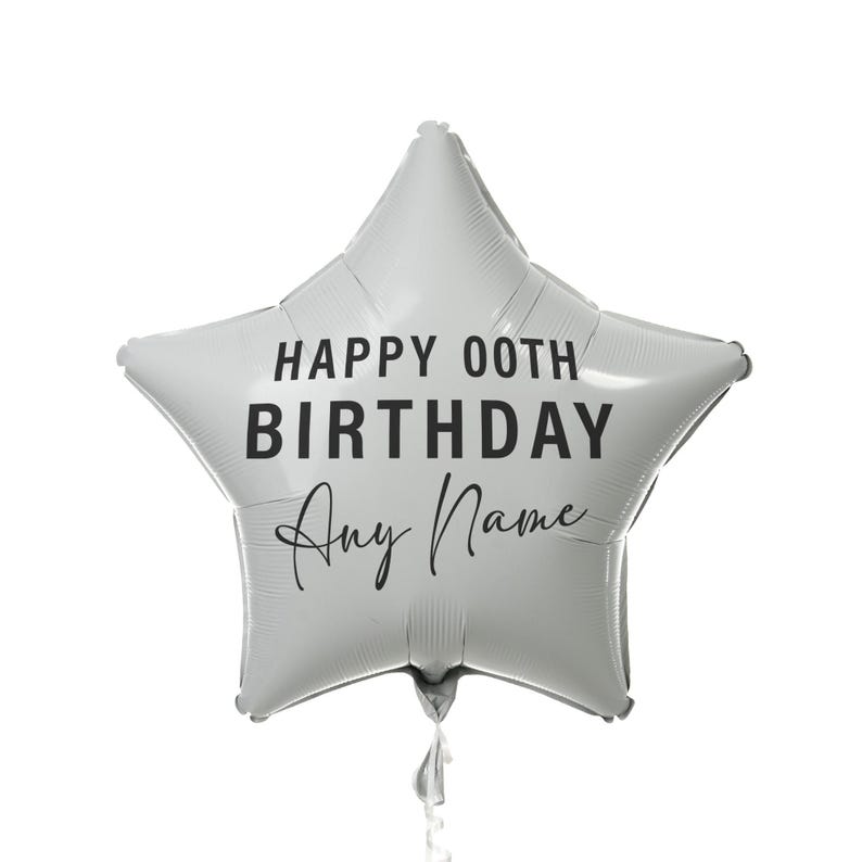 May include: A silver star-shaped balloon with the text "HAPPY 00TH BIRTHDAY Any Name" printed in black.