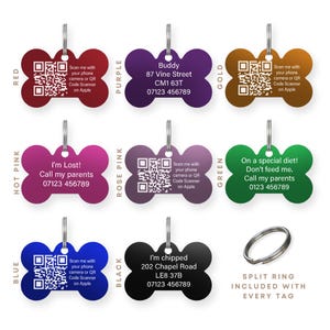May include: Assortment of ten dog tags in various colors, including red, purple, gold, hot pink, rose pink, green, blue, and black. Each tag features a bone-shaped design with a QR code and contact information. A split ring is included with each tag.