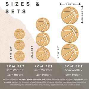Puede incluir: Tres juegos de recortes de baloncesto de madera sin terminar en tres tama&ntilde;os: 3 cm, 4 cm y 5 cm. Cada juego incluye tres balones de baloncesto. Los balones de baloncesto est&aacute;n hechos de MDF de 3 mm y son perfectos para proyectos de manualidades y bricolaje.
