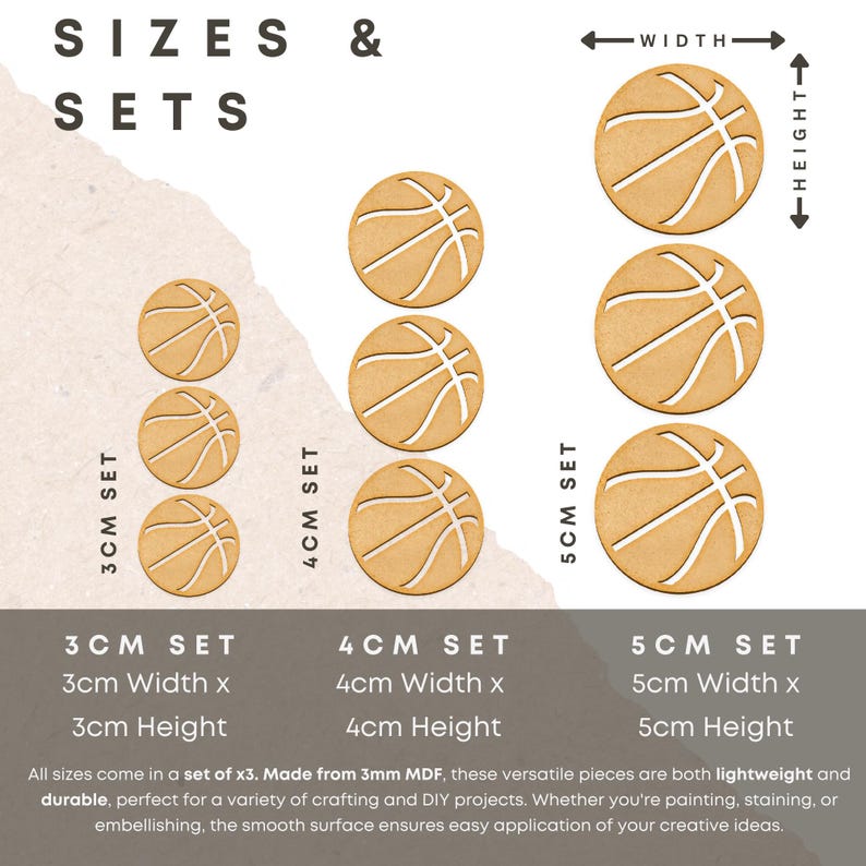Puede incluir: Tres juegos de recortes de baloncesto de madera sin terminar en tres tama&ntilde;os: 3 cm, 4 cm y 5 cm. Cada juego incluye tres balones de baloncesto. Los balones de baloncesto est&aacute;n hechos de MDF de 3 mm y son perfectos para proyectos de manualidades y bricolaje.