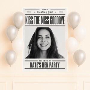 May include: A black and white poster with the headline "KISS THE MISS GOODBYE" and the text "KATE'S HEN PARTY". The poster is surrounded by silver and white balloons, creating a celebratory atmosphere.