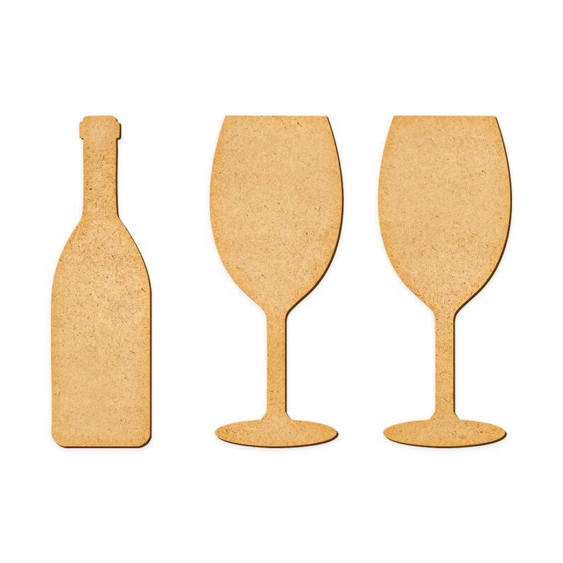 Puede incluir: Tres recortes de cart&oacute;n marr&oacute;n de una botella de vino y dos copas de vino.