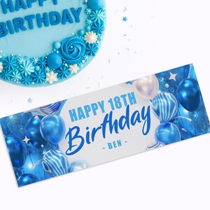 May include: A light blue birthday cake with white and blue decorations, and a banner that reads "HAPPY 18TH Birthday - BEN -" with blue balloons. The cake has the words "HAPPY BIRTHDAY" on top.