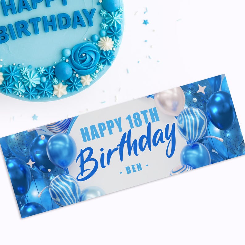 May include: A light blue birthday cake with white and blue decorations, and a banner that reads "HAPPY 18TH Birthday - BEN -" with blue balloons. The cake has the words "HAPPY BIRTHDAY" on top.