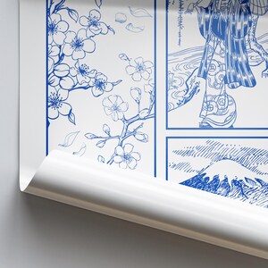 Tokyo blue - graphic design poster, elegant japanese style print, bedroom print, cherry blossom, minimalist wall decor, fine line poster image 4