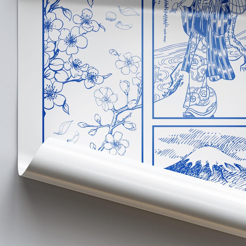 Tokyo blue - graphic design poster, elegant japanese style print, bedroom print, cherry blossom, minimalist wall decor, fine line poster image 4