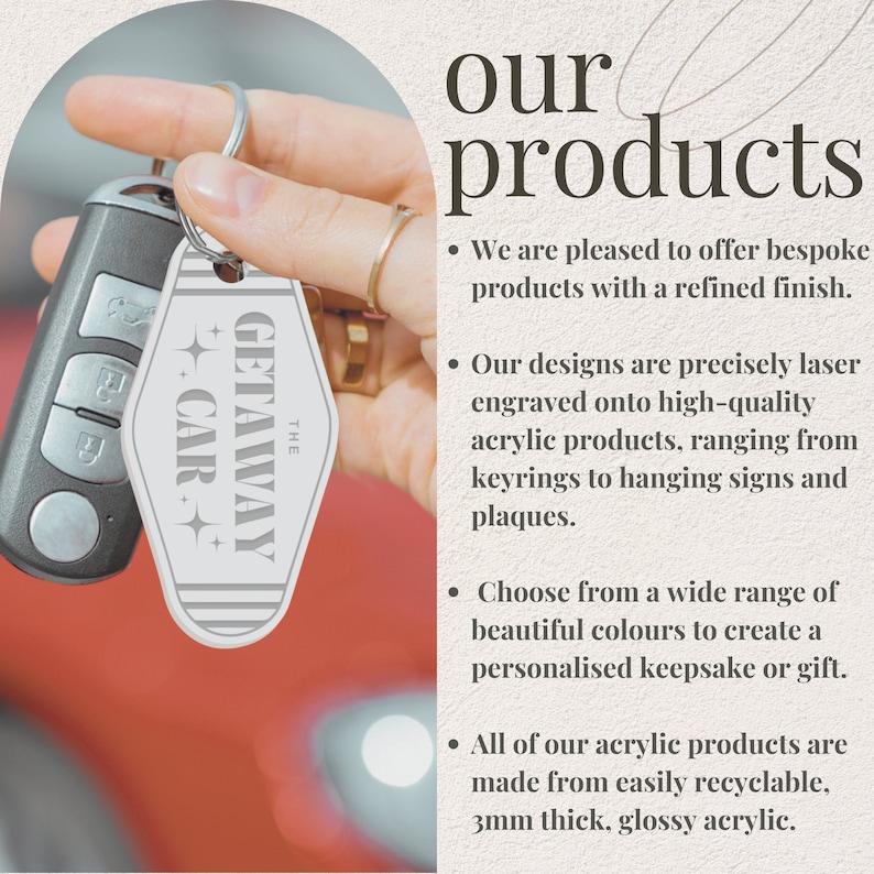 May include: A white acrylic keychain with the text "The Getaway Car" in a black and white font. The keychain is being held by a hand. The text "Our products" is visible in the background, along with a description of the products being made from high-quality acrylic and available in a variety of colors.