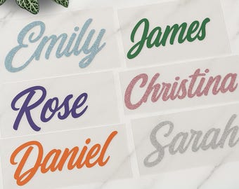 Personalised Name Iron-On Transfer | Custom Retro Script Vinyl Decal for T-Shirts, Tote Bags, Hen Tees, Baby Grows & More