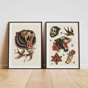 Tatuaje tradicional - Póster de oso: Lámina de arte de tatuajes / Diseños vintage / Arte mural clásico inspirado en la tinta / Decoración alternativa para el hogar imagen 2