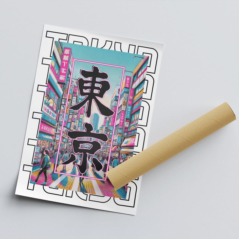 May include: A colorful illustration of a Tokyo street scene with the Japanese characters for "Tokyo" in black. The image is surrounded by a black and white border with the word "Tokyo" repeated in a pattern.