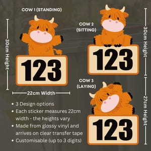May include: Orange Highland cow stickers with the number 123 on a tan background. The stickers are available in three designs: standing, sitting, and laying down. Each sticker is 22cm wide, with varying heights. Made from glossy vinyl.