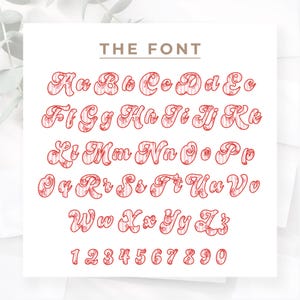 May include: A complete alphabet and number set in a decorative font. The letters and numbers are red with a striped pattern and floral accents. The words "THE FONT" are at the top of the image.