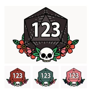 May include: A black D20 die with the numbers 123 in white, surrounded by red and pink flowers, green leaves, and a white skull. Below are three additional dice in red, green, and pink.