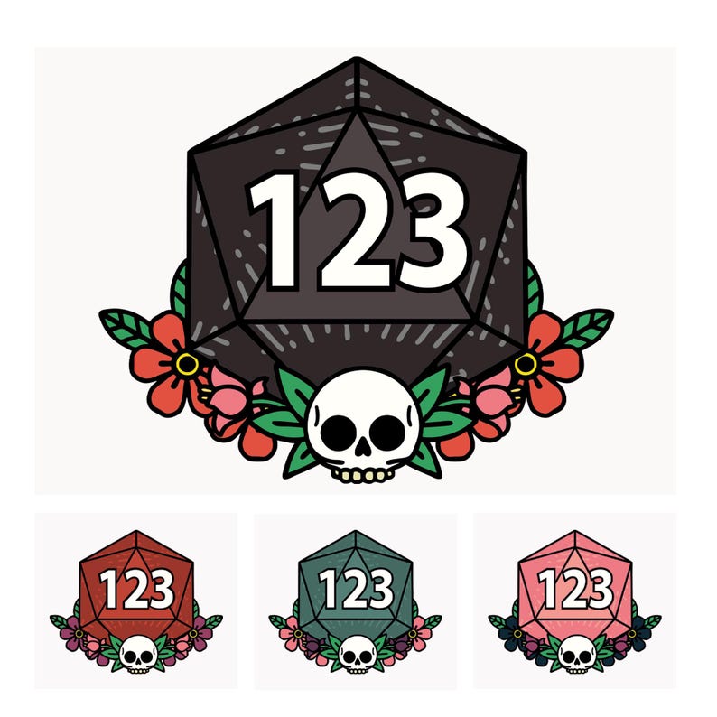 May include: A black D20 die with the numbers 123 in white, surrounded by red and pink flowers, green leaves, and a white skull. Below are three additional dice in red, green, and pink.
