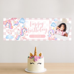 Personalised Unicorn Birthday Banner – Custom Name & Photo Party Decoration | Girls Birthday Party Banner | Cute Pink Unicorn Theme